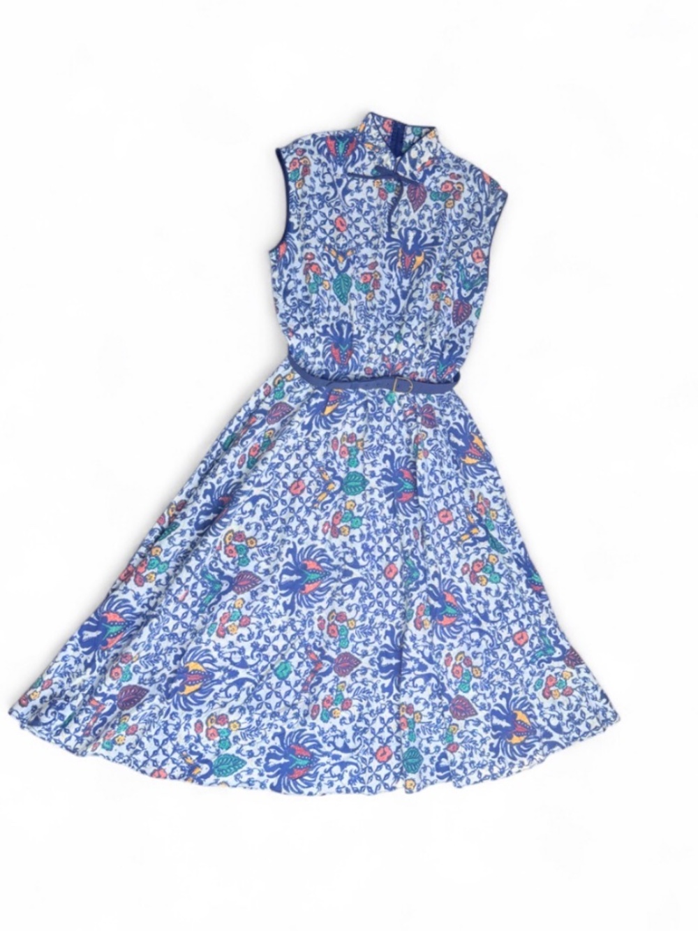Vintage 60s Vincenti Blue Asian Floral Print Fit & Flare Dress Belted Size 12